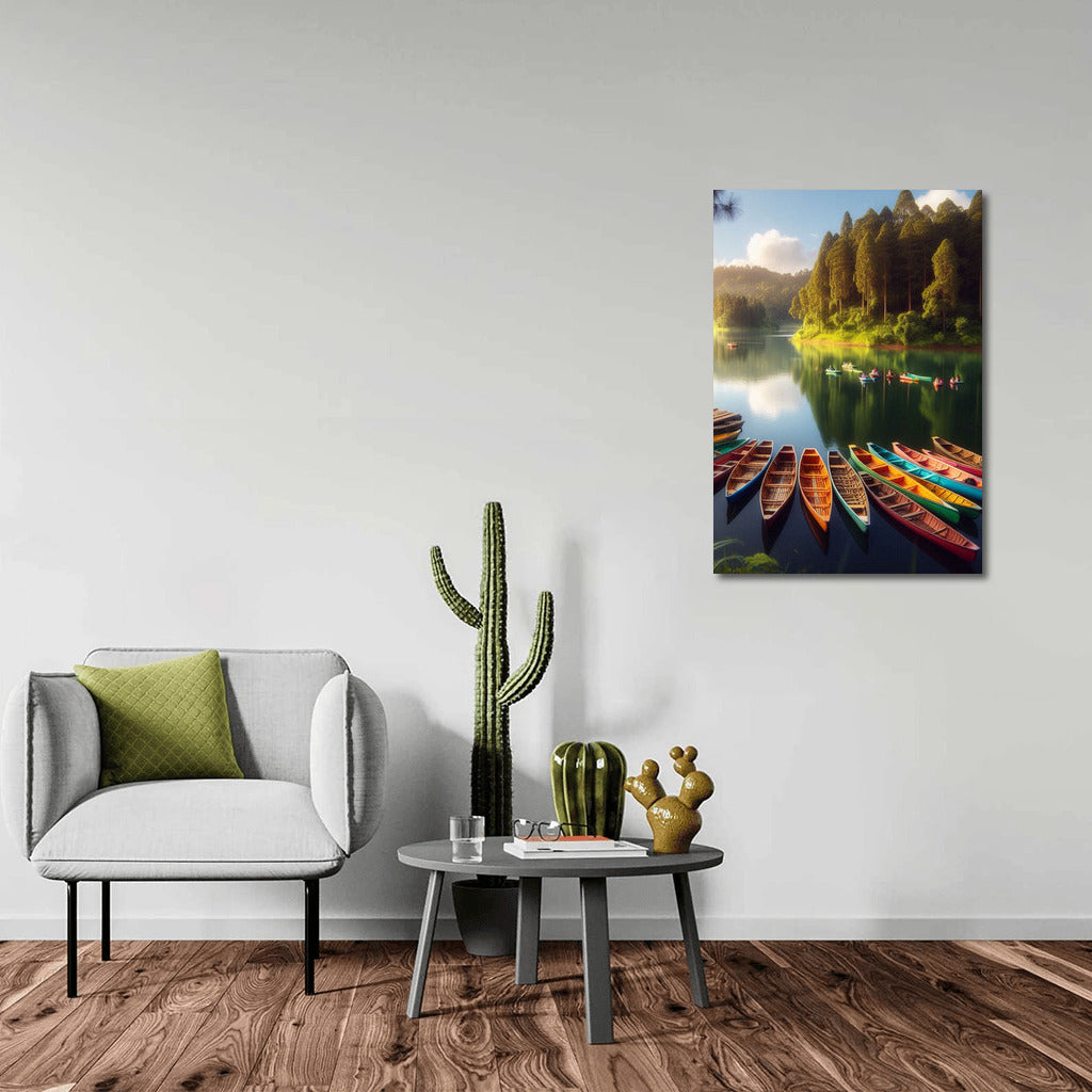 Bright Canoes on the Lake among Majestic Trees