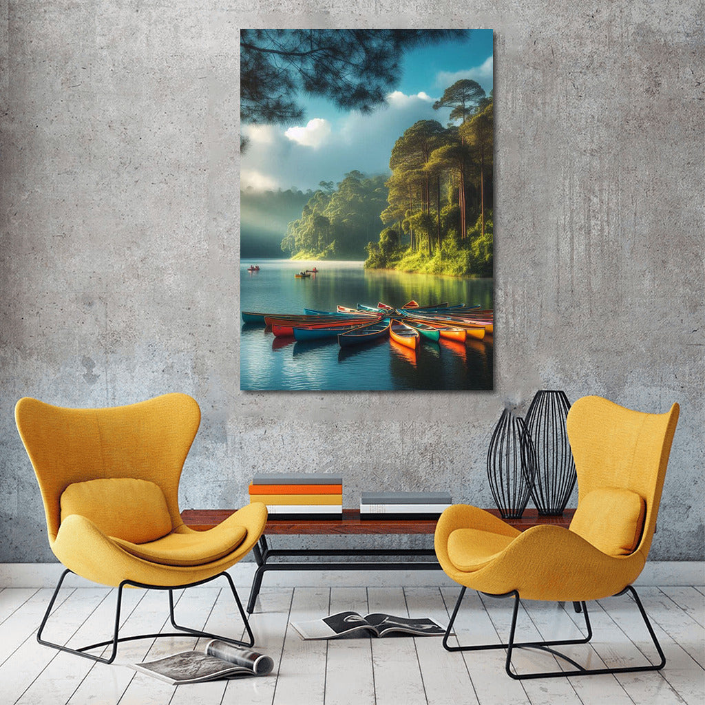 Bright Canoes on the Lake: Tranquility and Harmony of Nature
