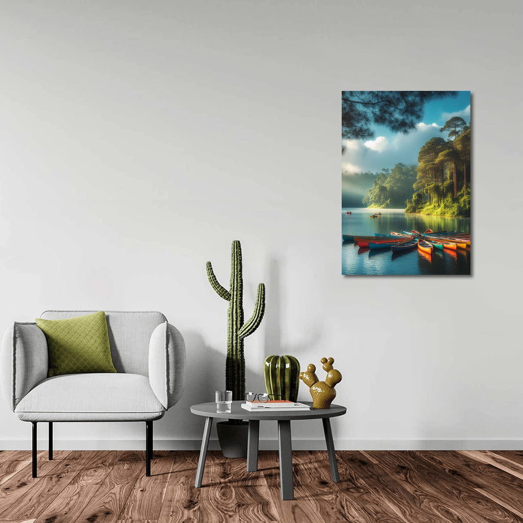 Bright Canoes on the Lake: Tranquility and Harmony of Nature