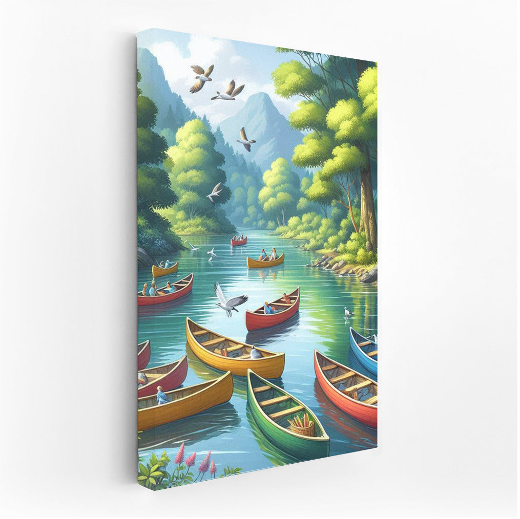 Canoeing on the River: Peace Among Green Hills and Birds