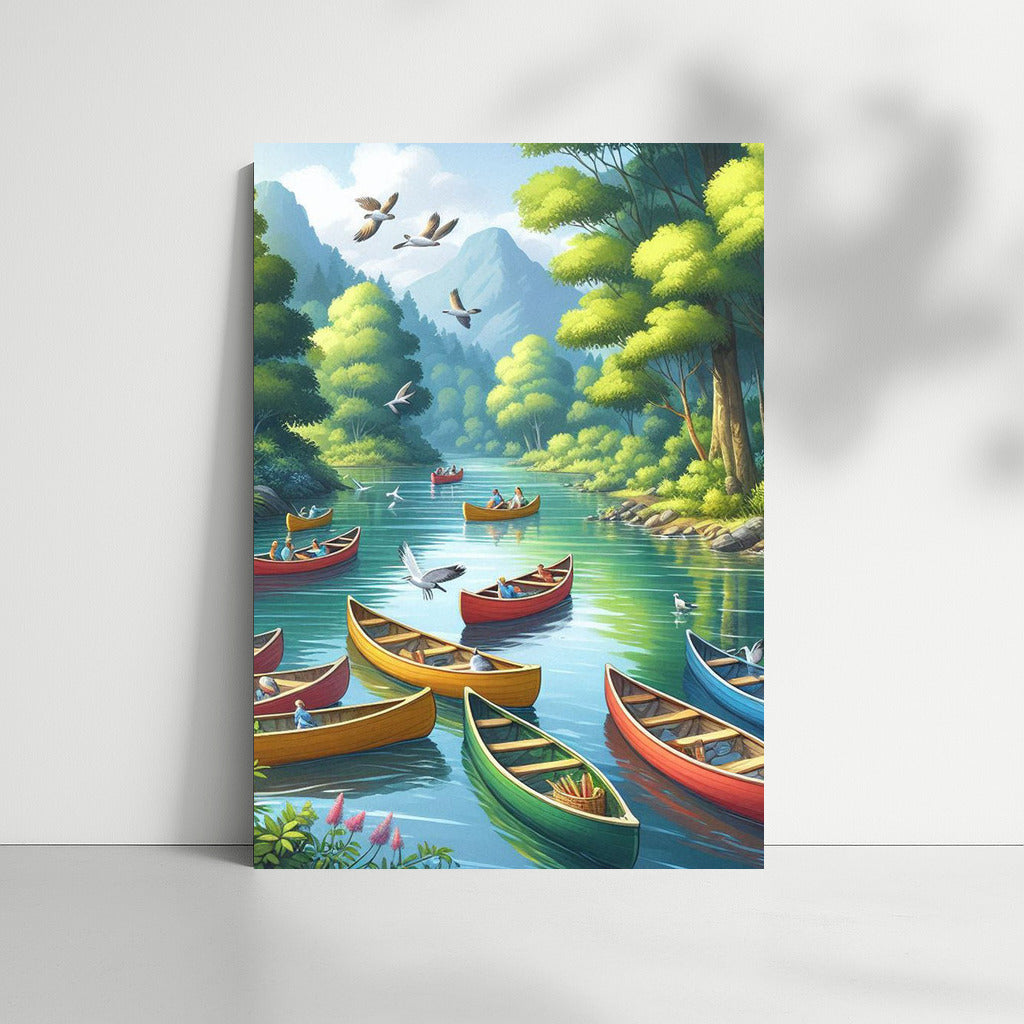 Canoeing on the River: Peace Among Green Hills and Birds