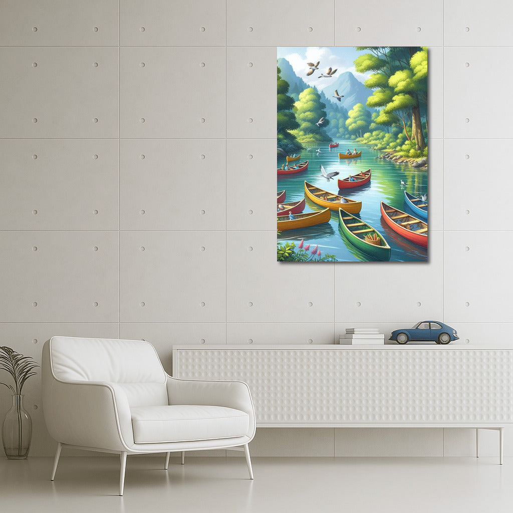 Canoeing on the River: Peace Among Green Hills and Birds