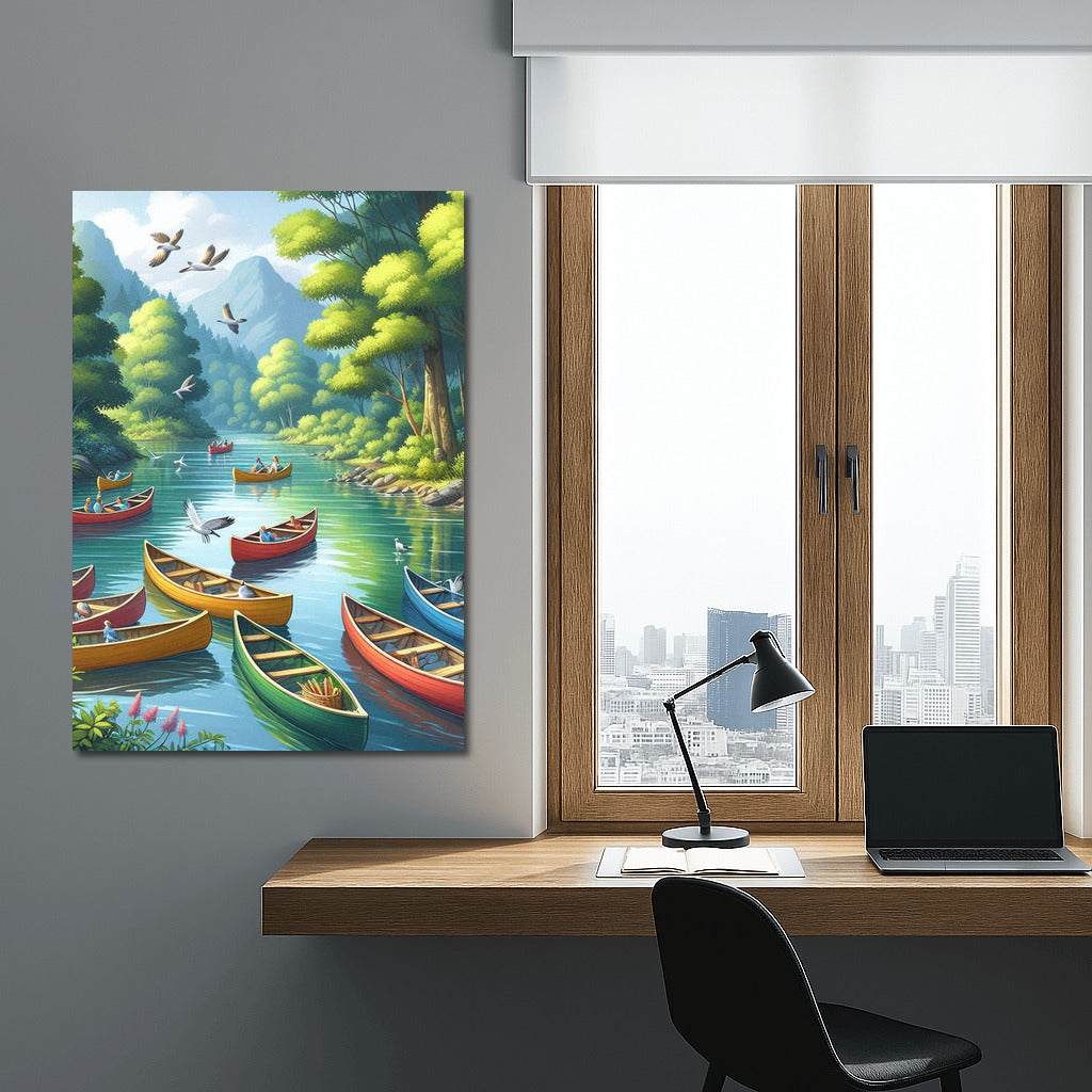 Canoeing on the River: Peace Among Green Hills and Birds