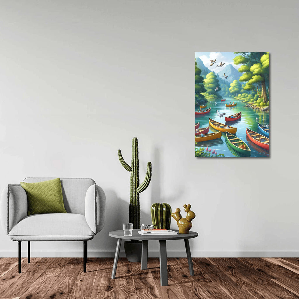 Canoeing on the River: Peace Among Green Hills and Birds