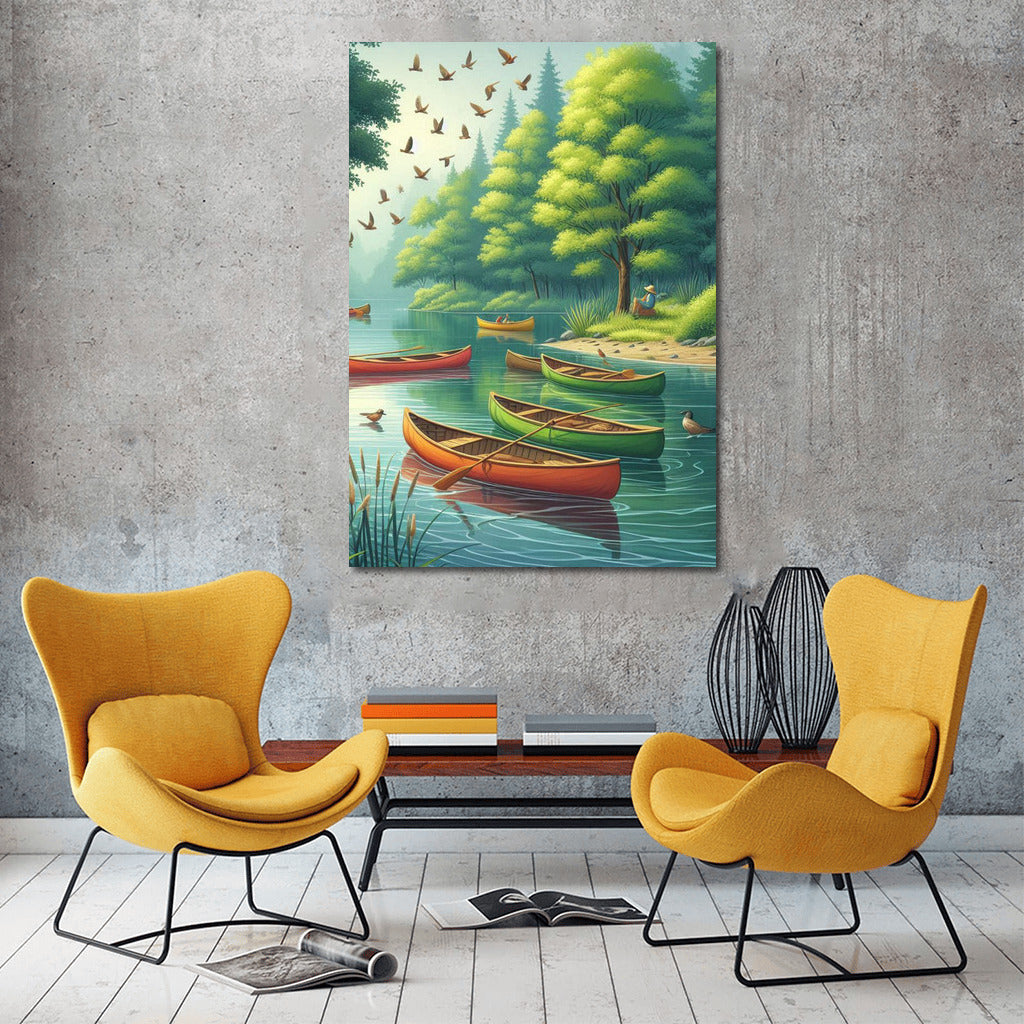 Bright Canoes on the Calm River: Harmony and Peace