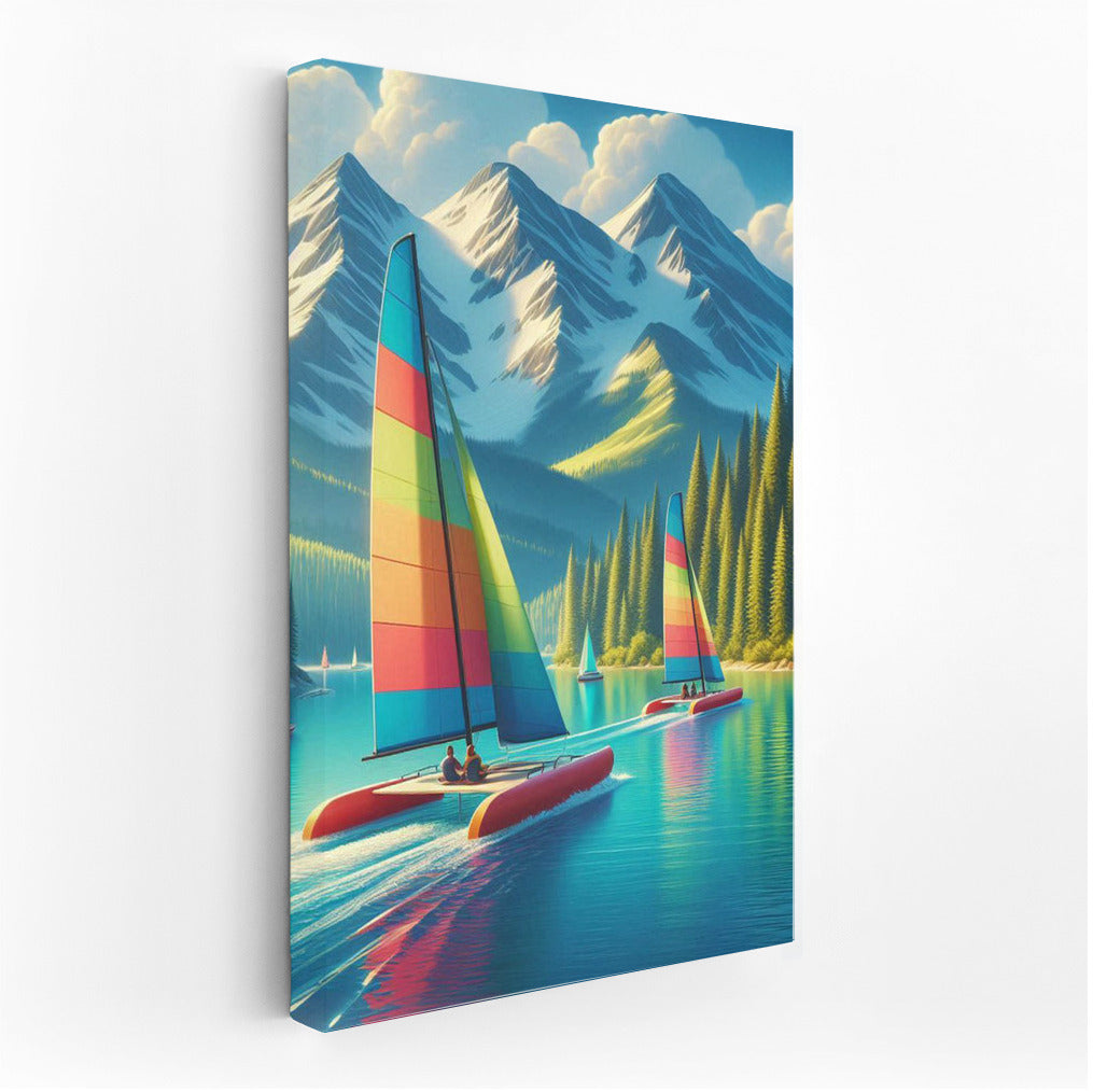 Catamarans on Turquoise Lake among Mountain Peaks