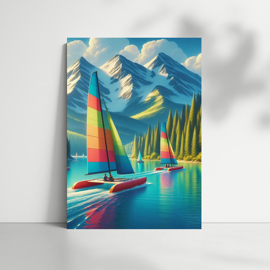 Catamarans on Turquoise Lake among Mountain Peaks