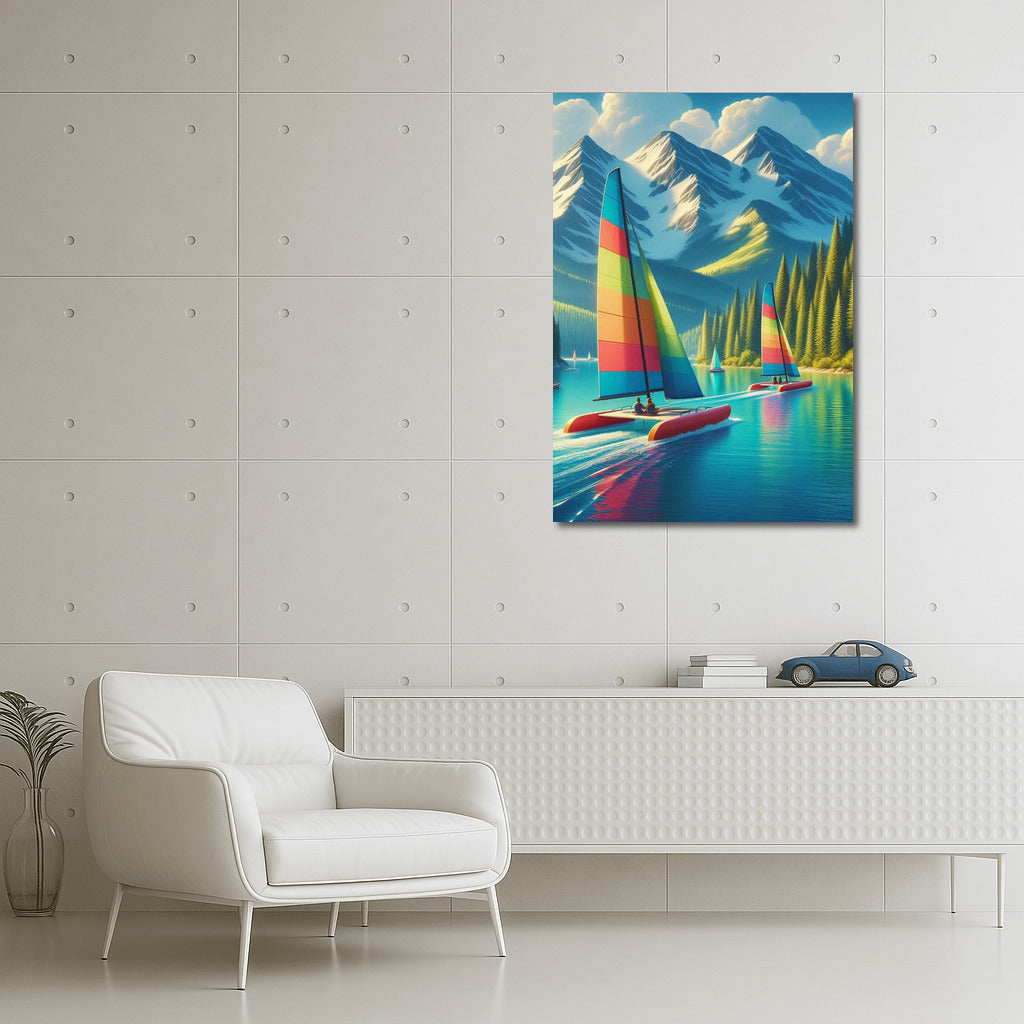 Catamarans on Turquoise Lake among Mountain Peaks