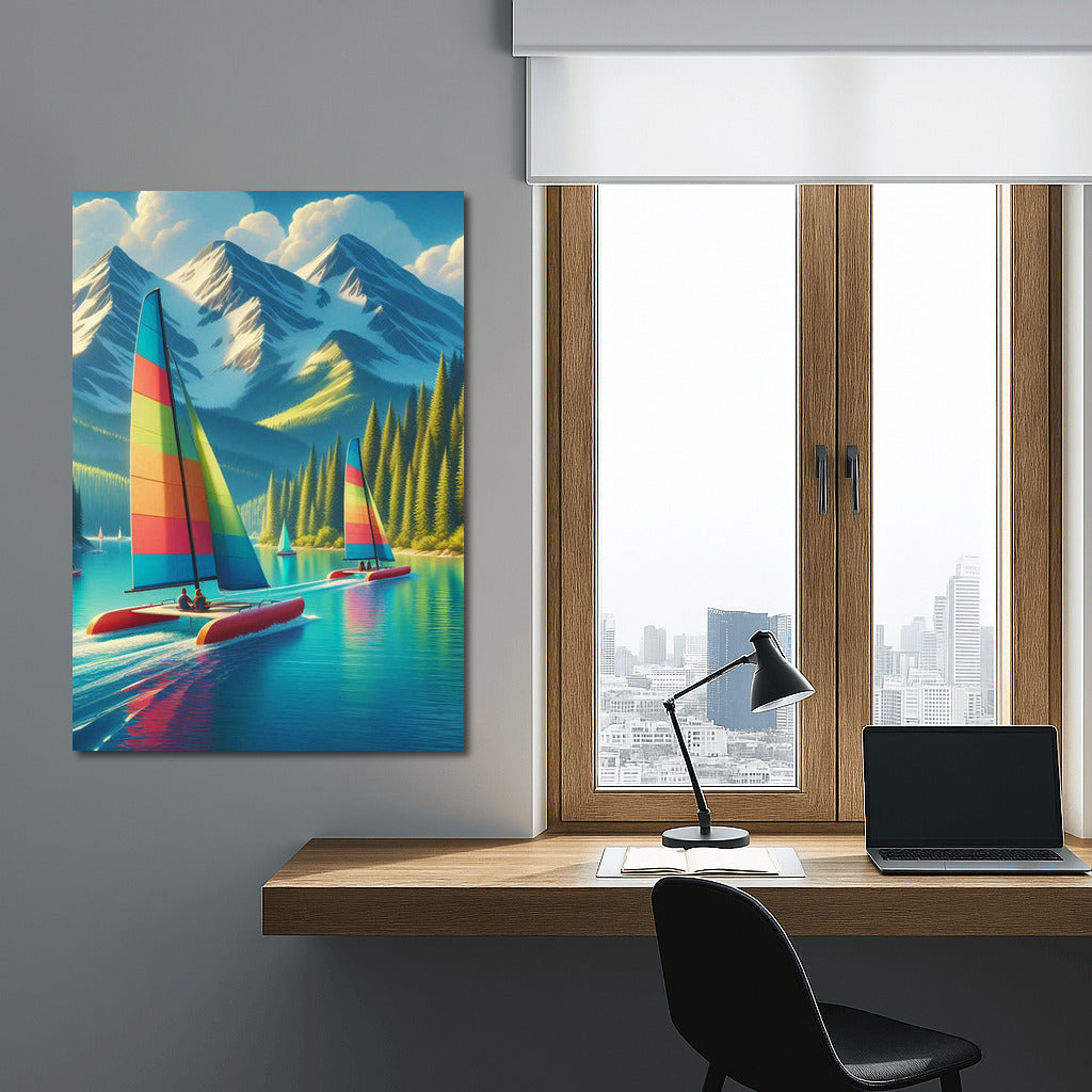 Catamarans on Turquoise Lake among Mountain Peaks