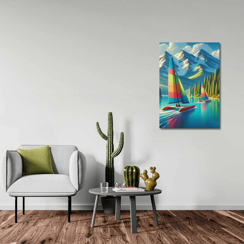 Catamarans on Turquoise Lake among Mountain Peaks