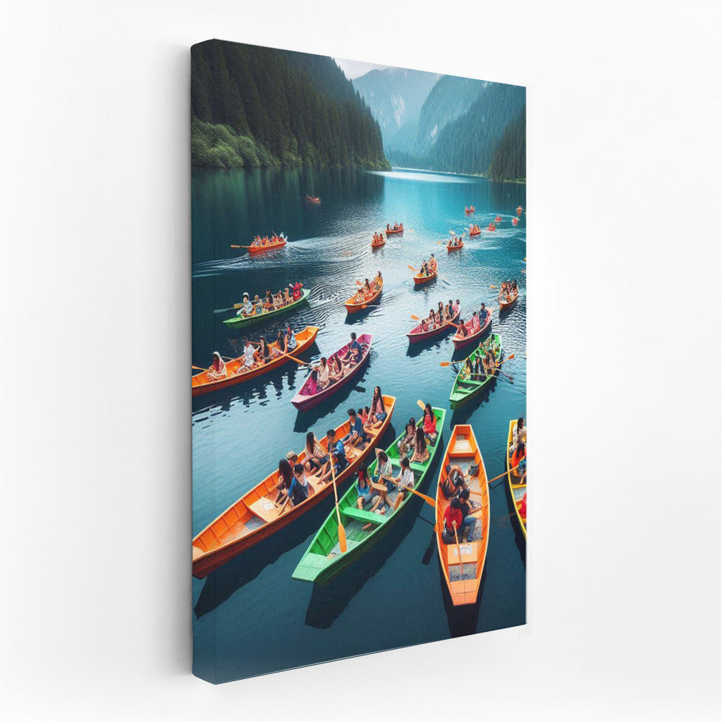 Bright Boats on Mirror Lake at the Foot of the Grand Mountains