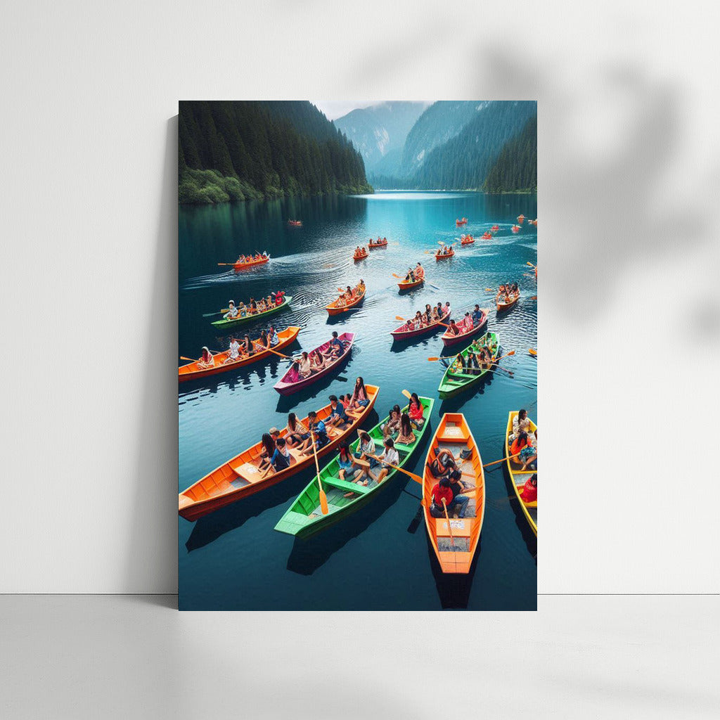 Bright Boats on Mirror Lake at the Foot of the Grand Mountains