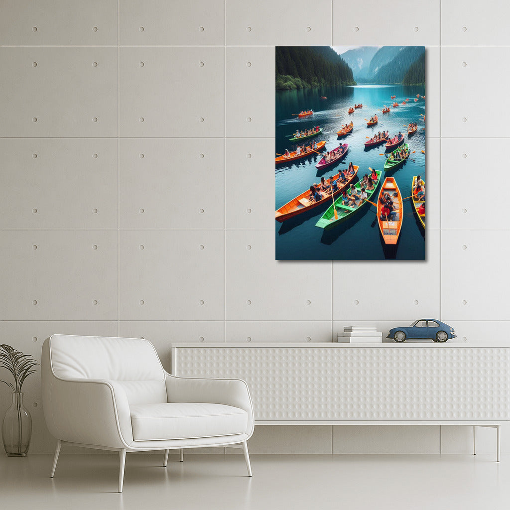 Bright Boats on Mirror Lake at the Foot of the Grand Mountains