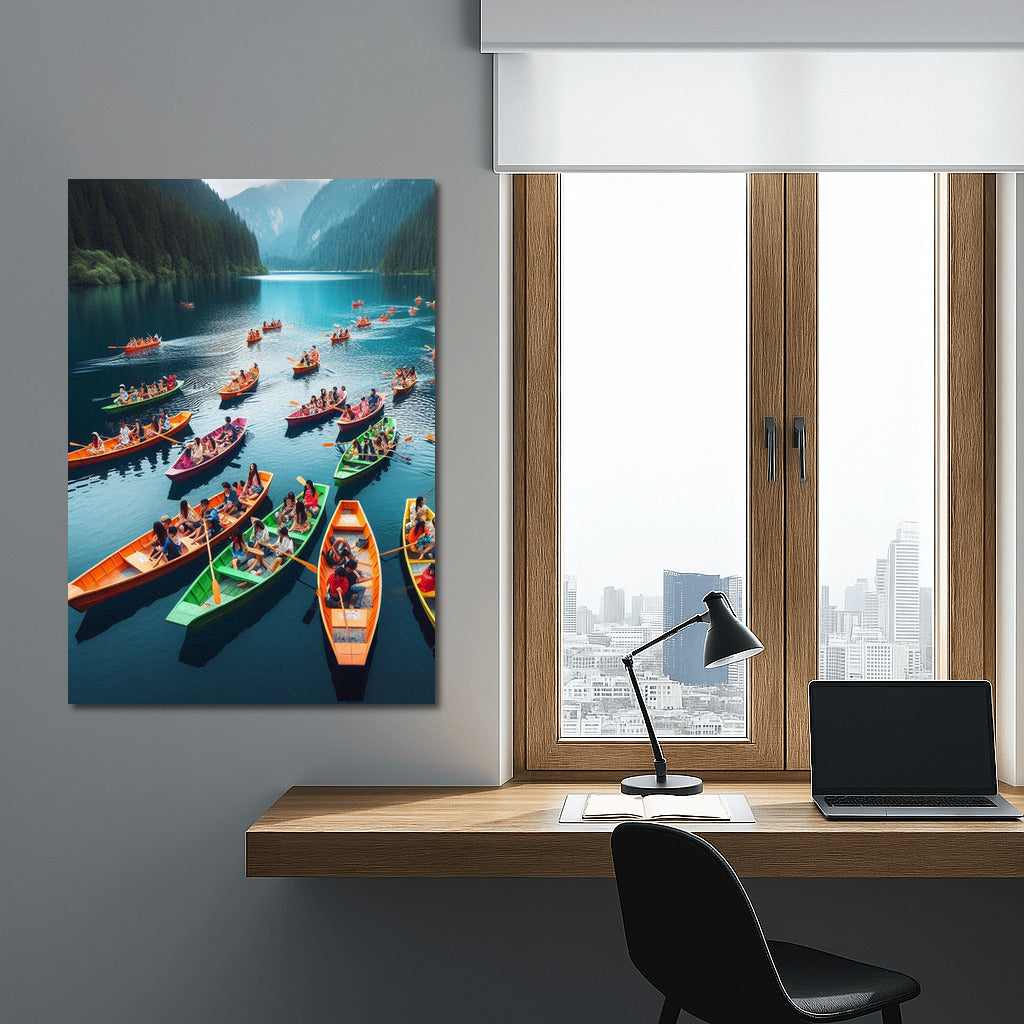 Bright Boats on Mirror Lake at the Foot of the Grand Mountains