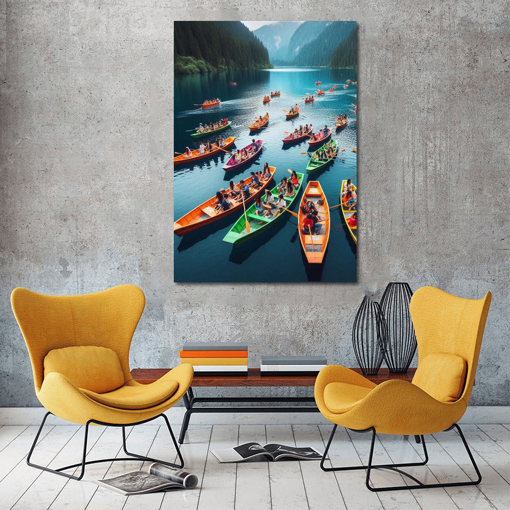 Bright Boats on Mirror Lake at the Foot of the Grand Mountains