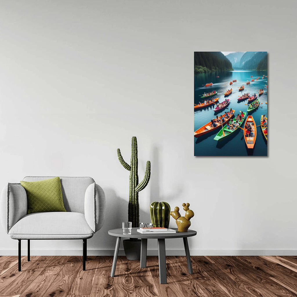 Bright Boats on Mirror Lake at the Foot of the Grand Mountains