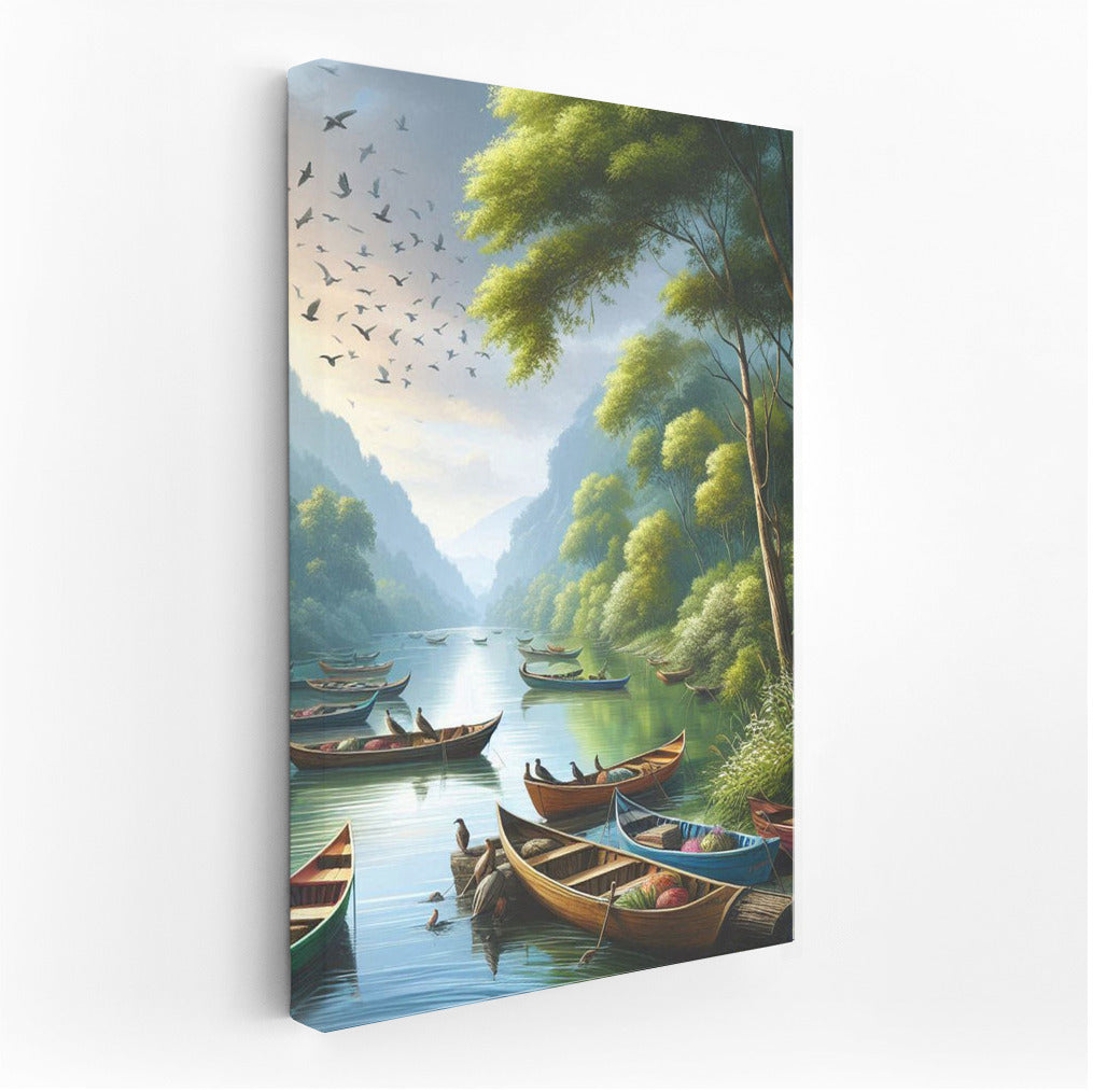 Bright Boats on the River: Dinghies River 2 among Green Hills and Birds