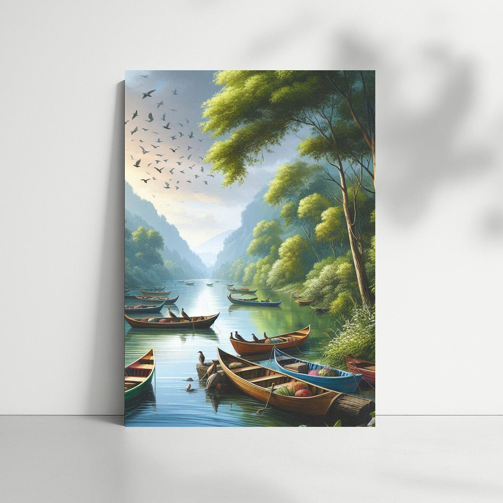 Bright Boats on the River: Dinghies River 2 among Green Hills and Birds