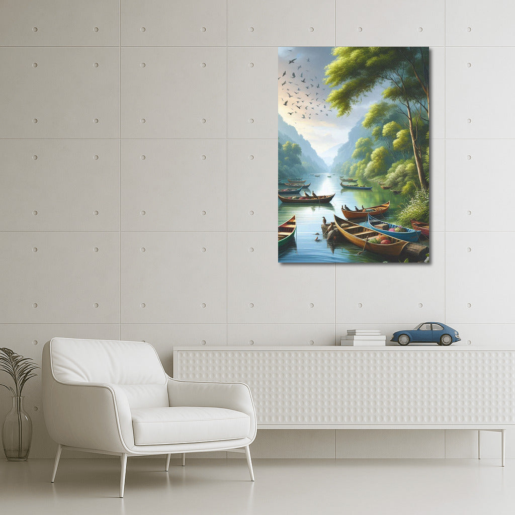 Bright Boats on the River: Dinghies River 2 among Green Hills and Birds