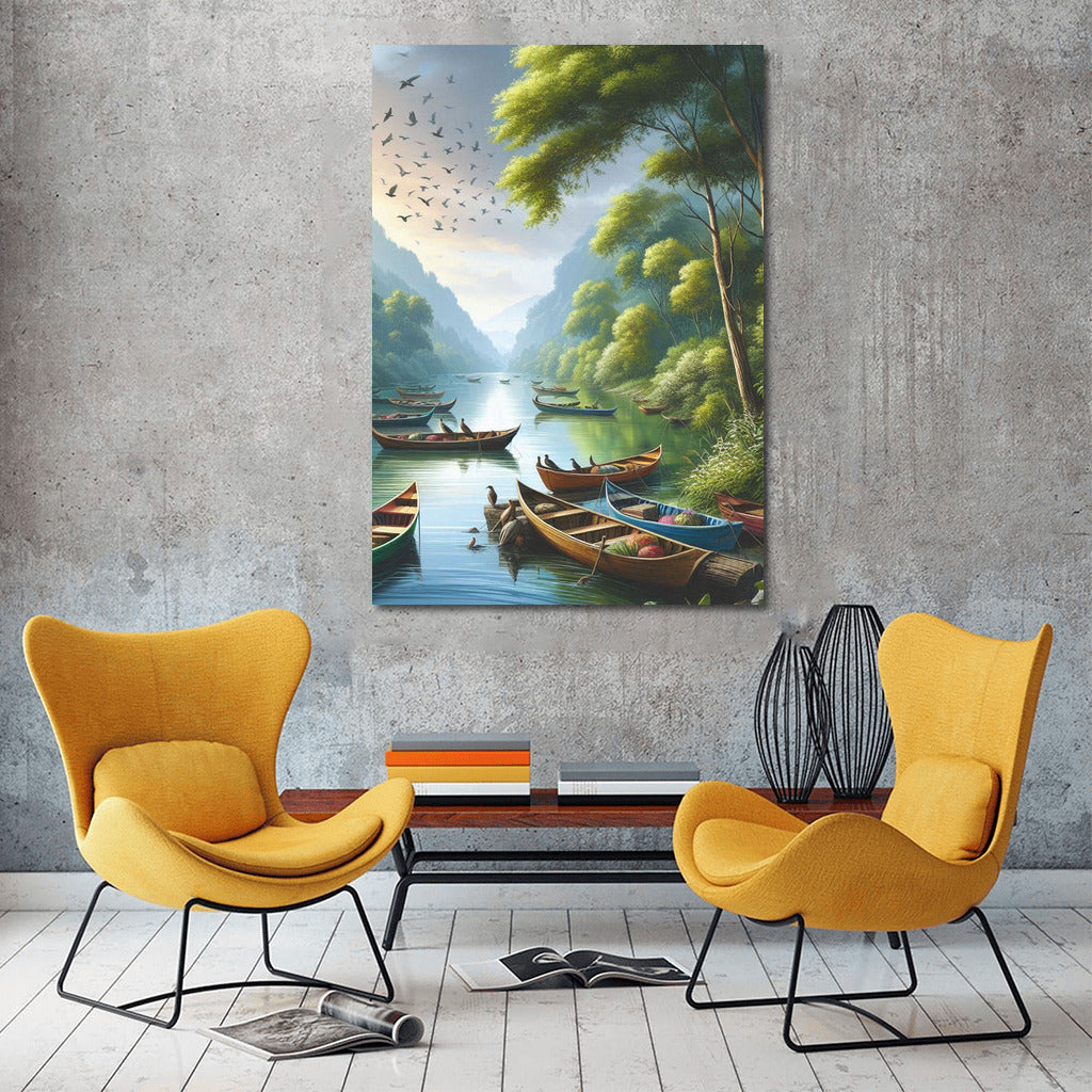 Bright Boats on the River: Dinghies River 2 among Green Hills and Birds