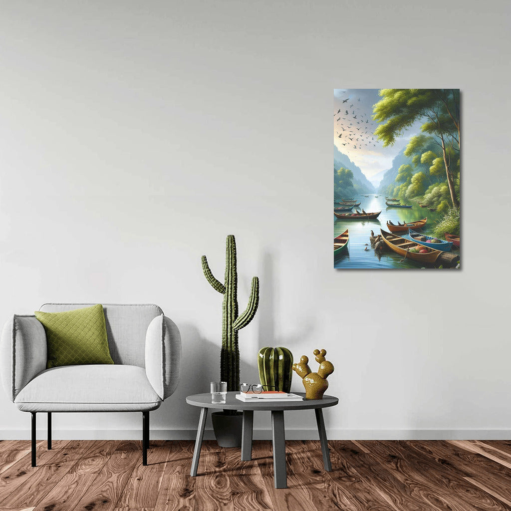 Bright Boats on the River: Dinghies River 2 among Green Hills and Birds