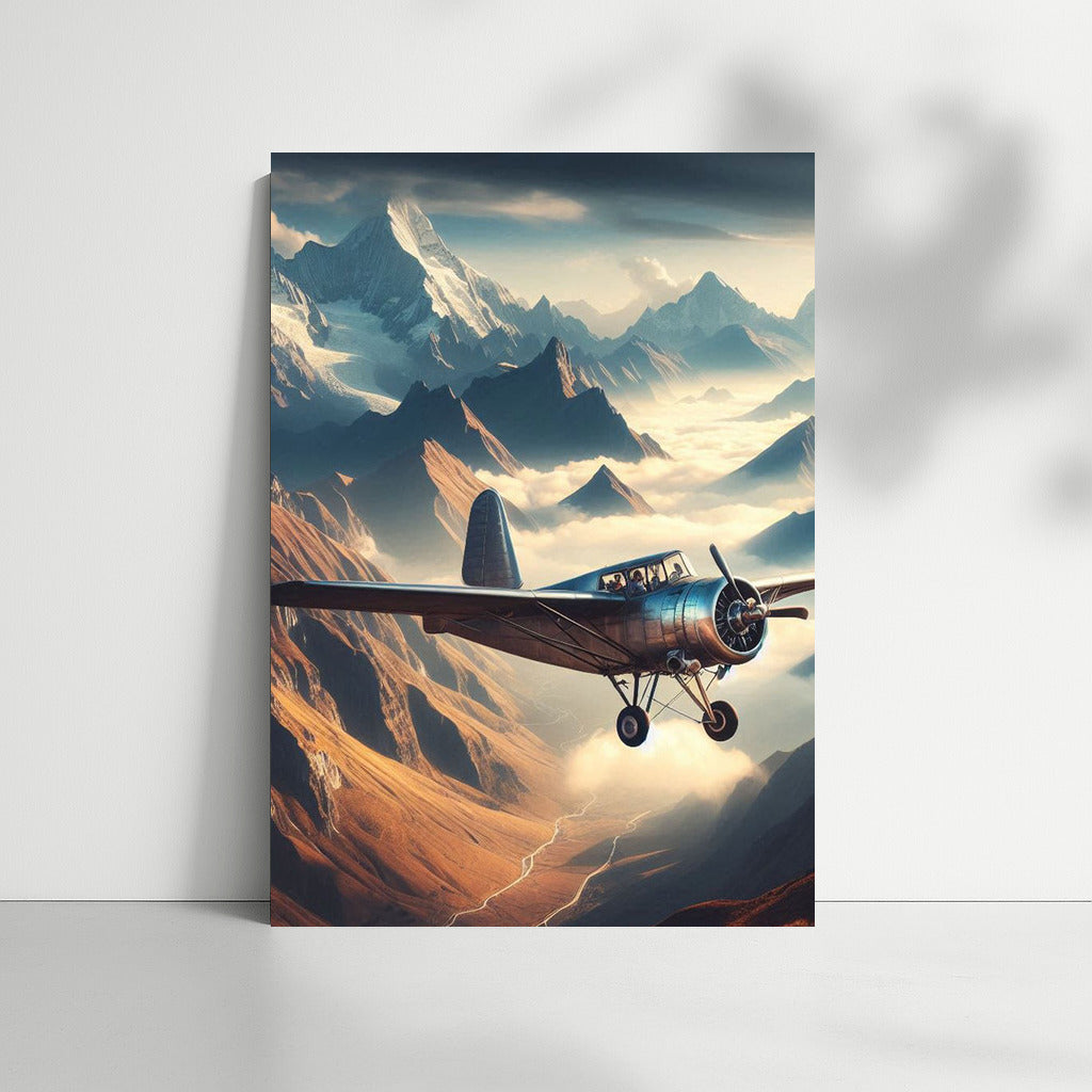 An experimental aircraft soars over a mountainous landscape