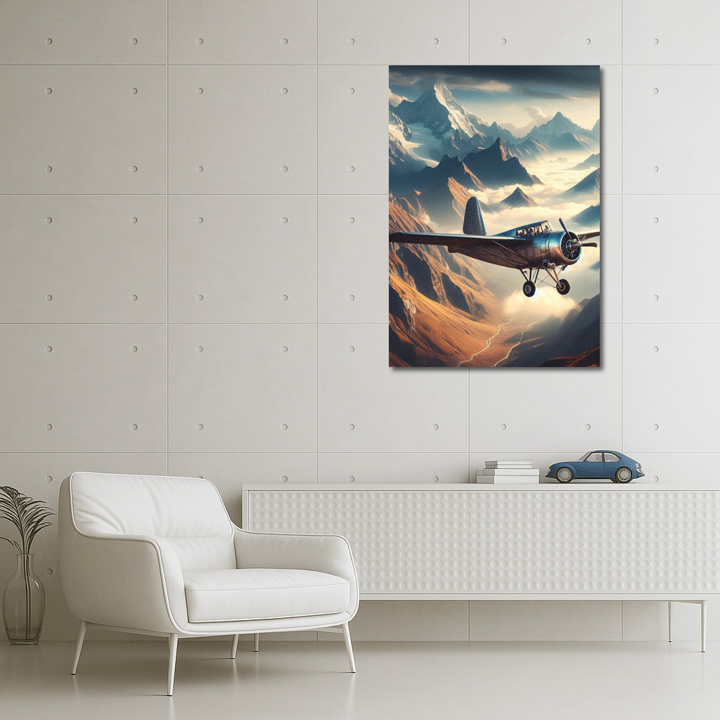 An experimental aircraft soars over a mountainous landscape