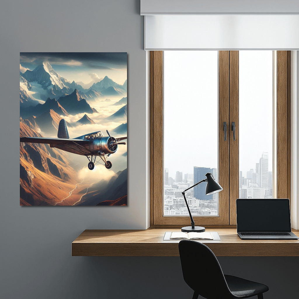 An experimental aircraft soars over a mountainous landscape