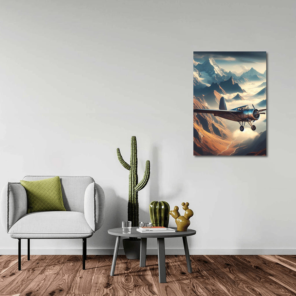 An experimental aircraft soars over a mountainous landscape