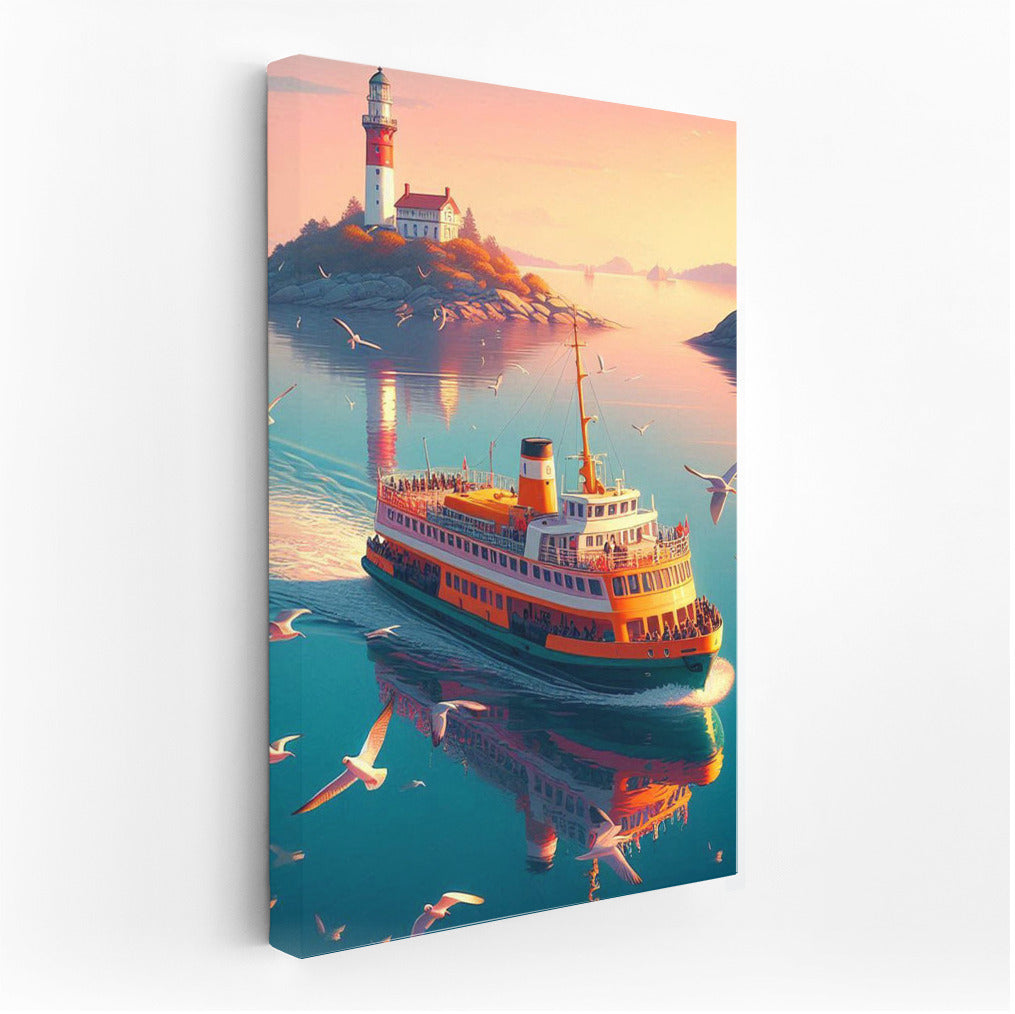 Dream ferry at the lighthouse with mountains in the background