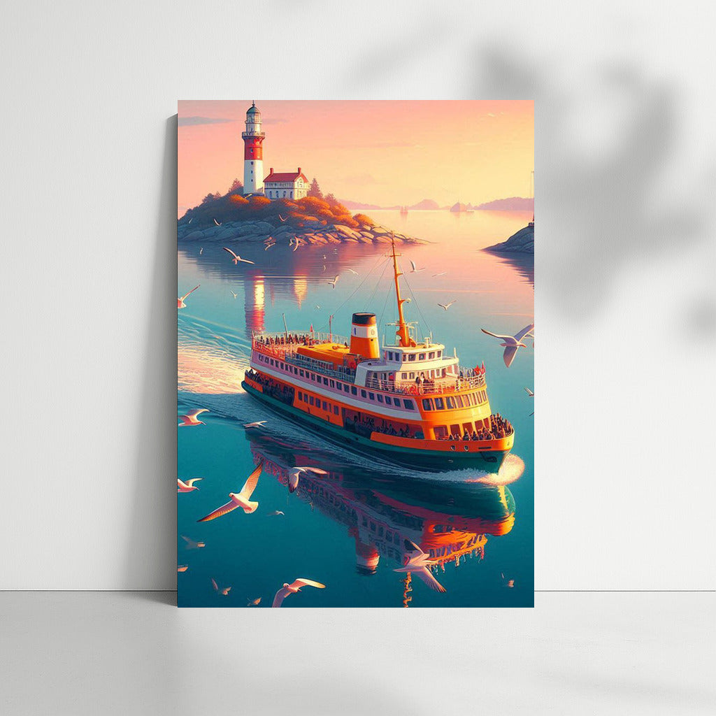 Dream ferry at the lighthouse with mountains in the background