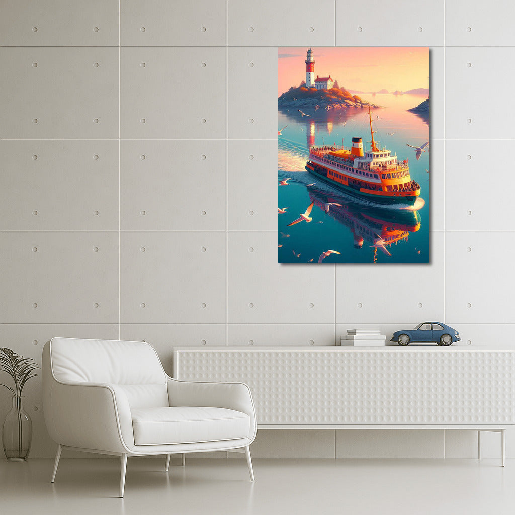 Dream ferry at the lighthouse with mountains in the background