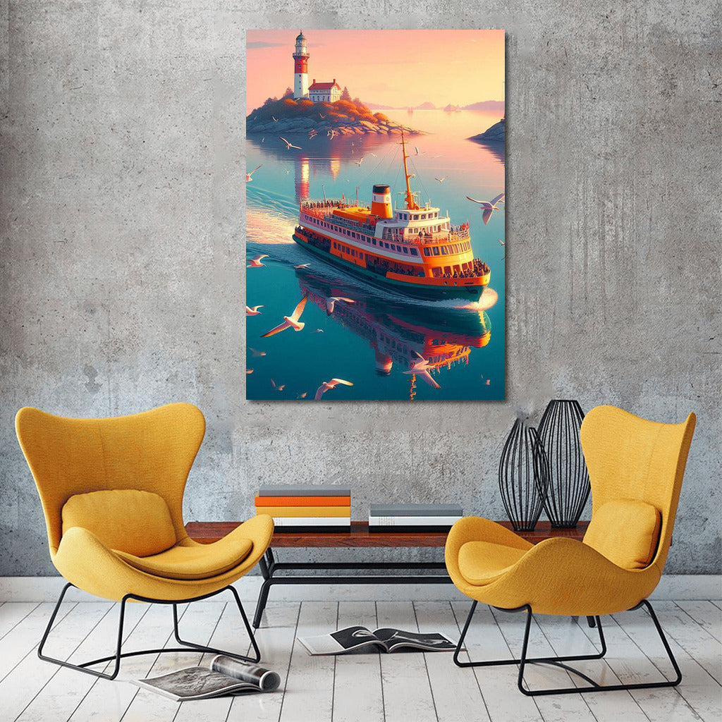 Dream ferry at the lighthouse with mountains in the background