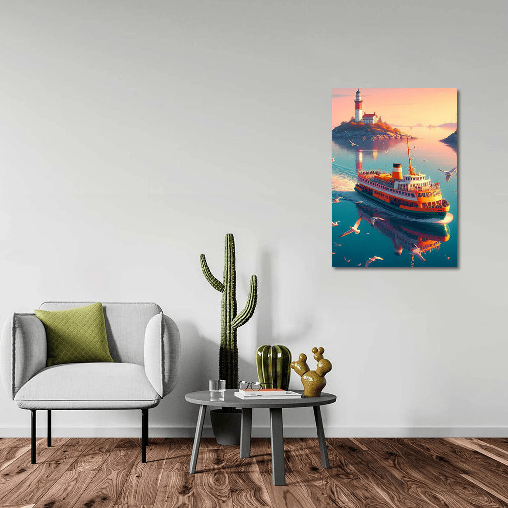 Dream ferry at the lighthouse with mountains in the background