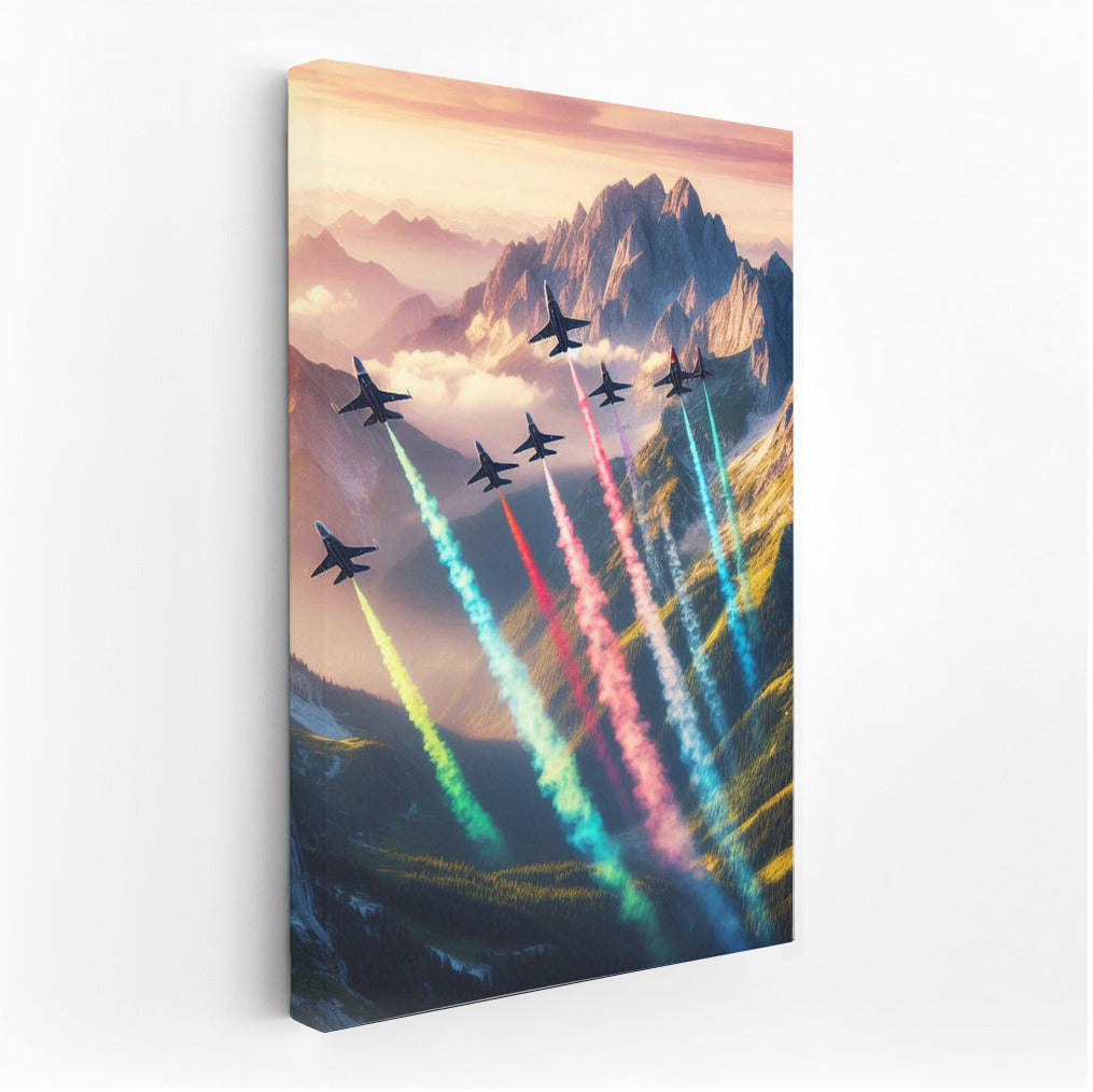 Coloured traces of fighter jets over mountain landscape