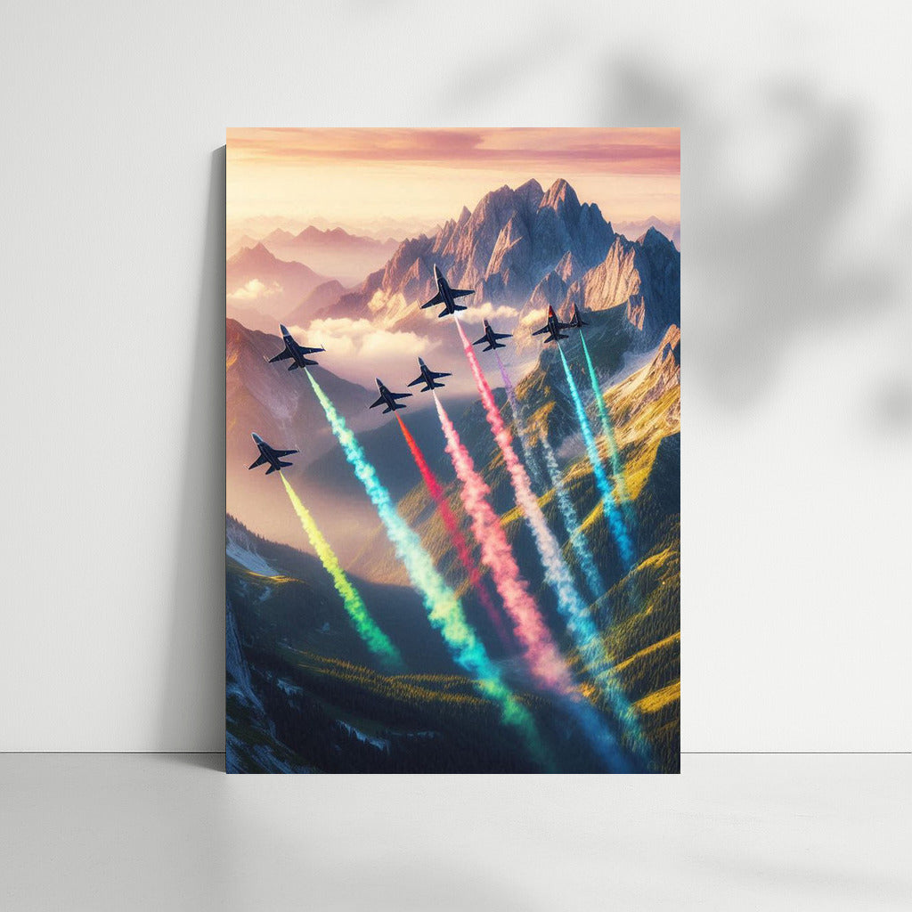 Coloured traces of fighter jets over mountain landscape