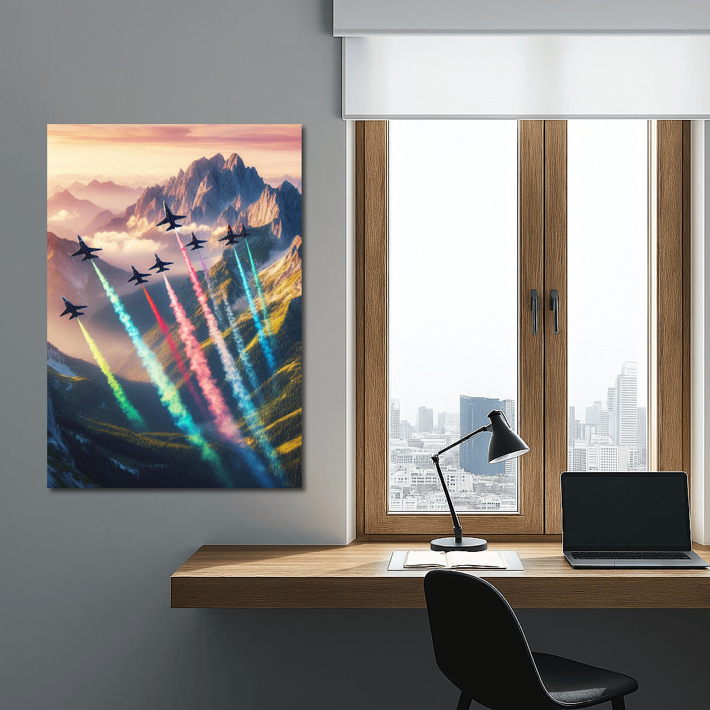 Coloured traces of fighter jets over mountain landscape