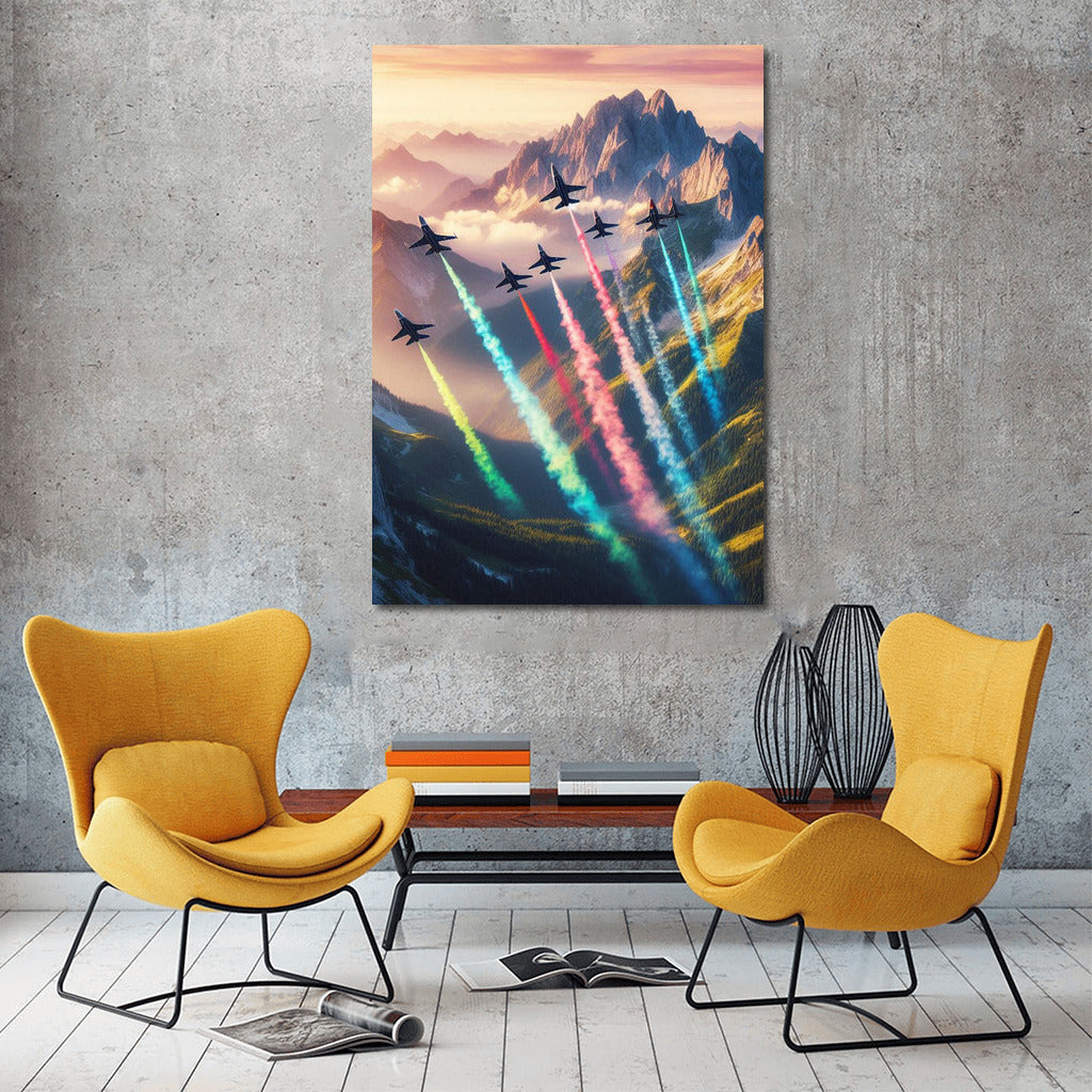 Coloured traces of fighter jets over mountain landscape