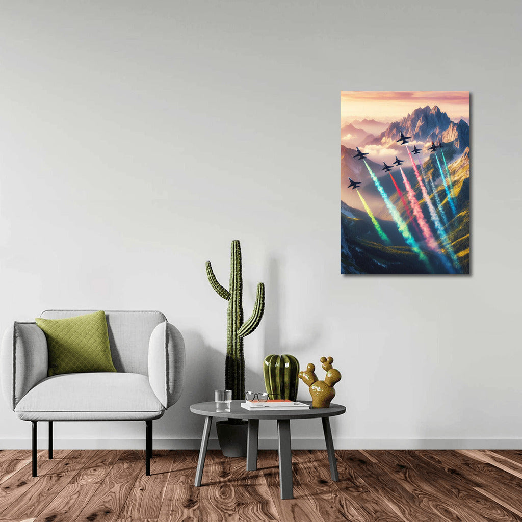 Coloured traces of fighter jets over mountain landscape