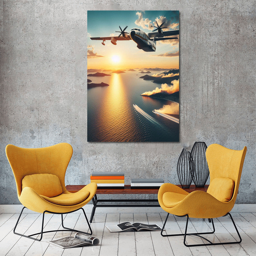 Hero Plane Over the Ocean: Sunset Adventure and Rescue