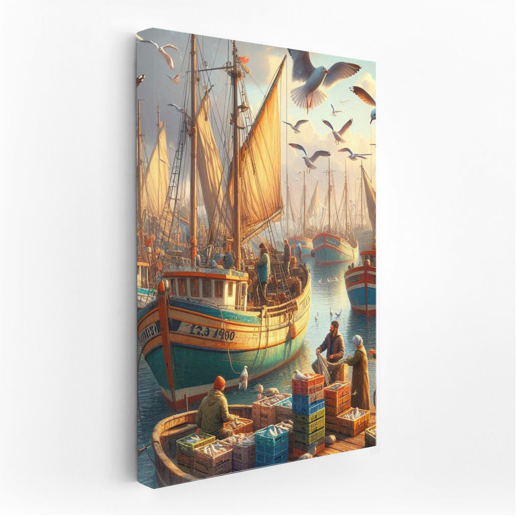 Picturesque Harbour: Fishing Boats and Seagulls in Motion