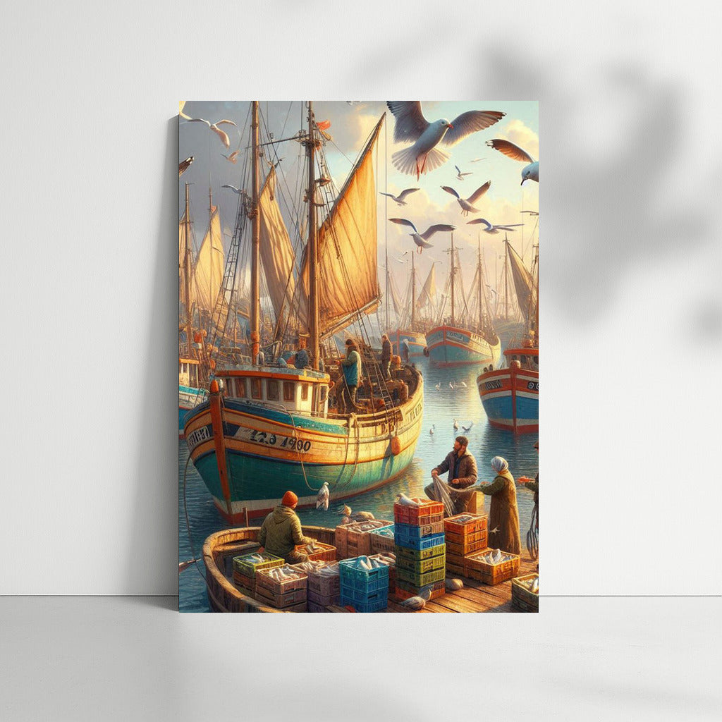 Picturesque Harbour: Fishing Boats and Seagulls in Motion