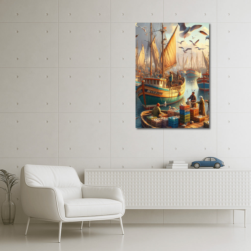 Picturesque Harbour: Fishing Boats and Seagulls in Motion