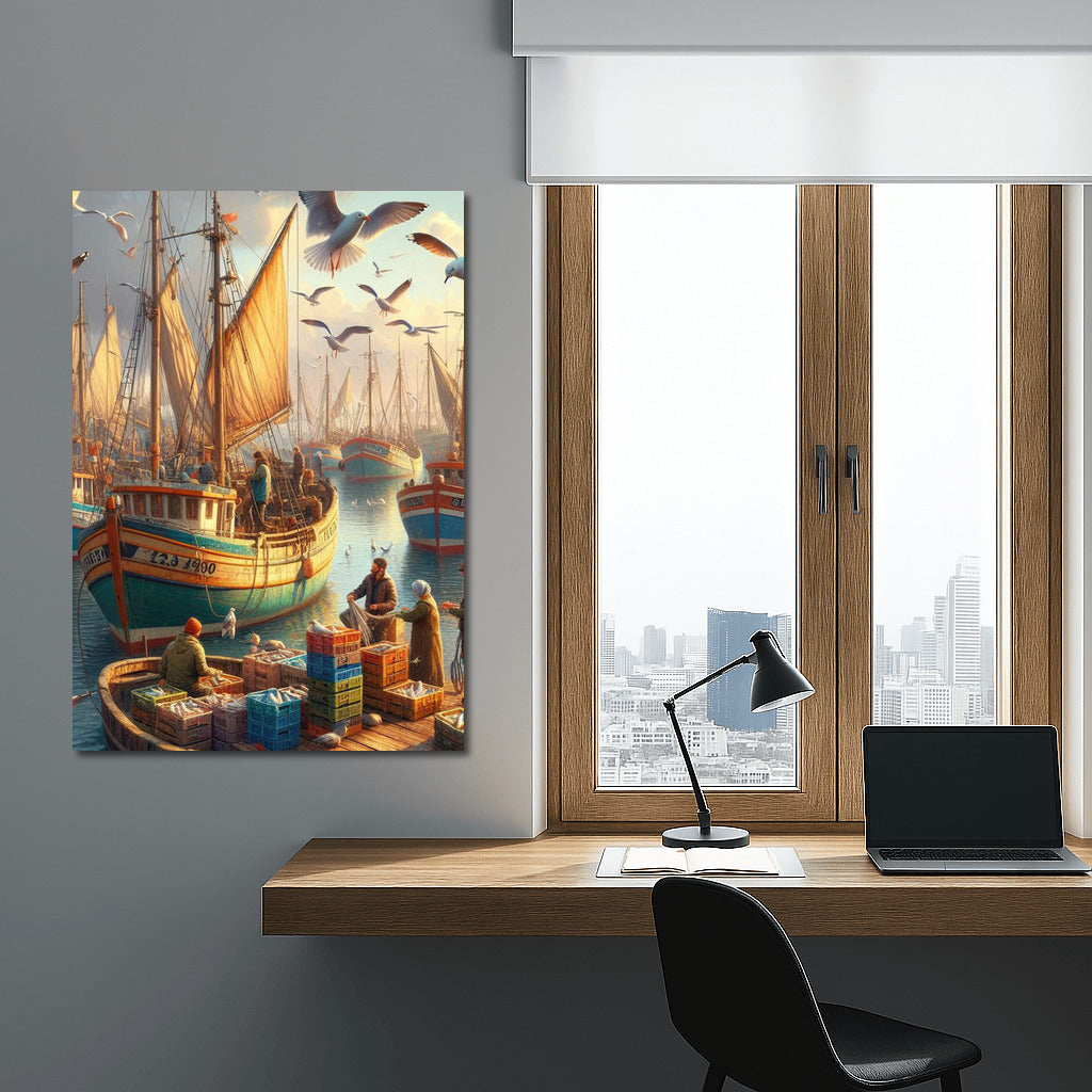 Picturesque Harbour: Fishing Boats and Seagulls in Motion