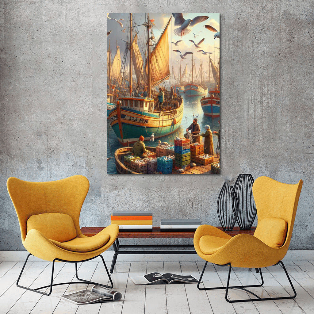 Picturesque Harbour: Fishing Boats and Seagulls in Motion