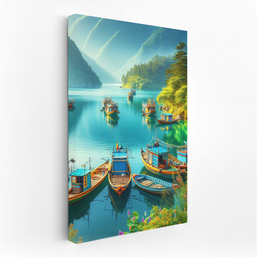 Fishing Boats on a Lake at the Foot of the Mountains: The Tranquility of Nature