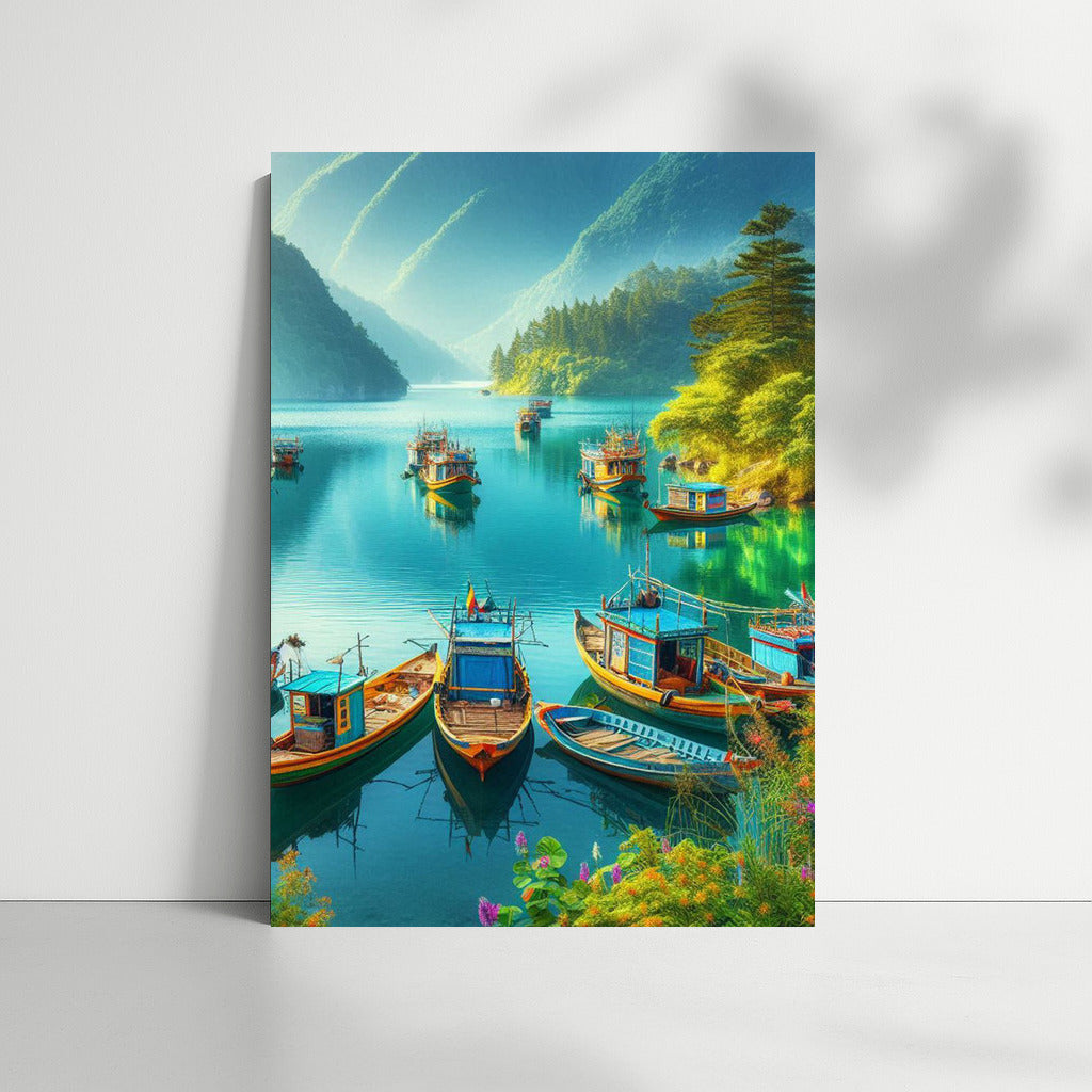 Fishing Boats on a Lake at the Foot of the Mountains: The Tranquility of Nature