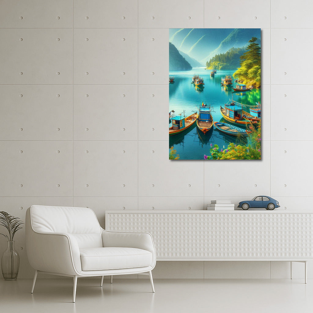 Fishing Boats on a Lake at the Foot of the Mountains: The Tranquility of Nature