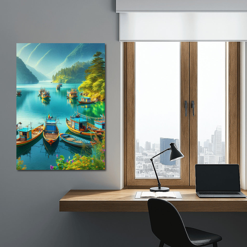 Fishing Boats on a Lake at the Foot of the Mountains: The Tranquility of Nature