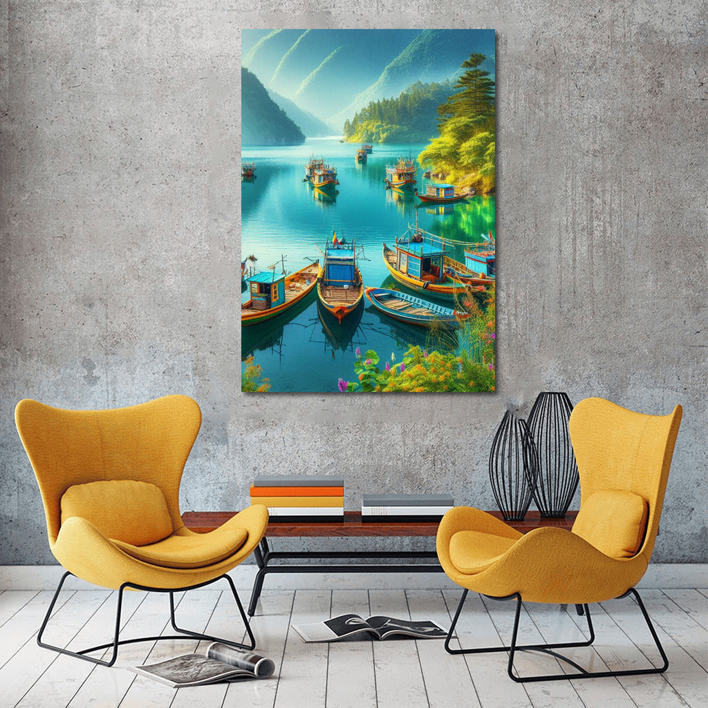 Fishing Boats on a Lake at the Foot of the Mountains: The Tranquility of Nature